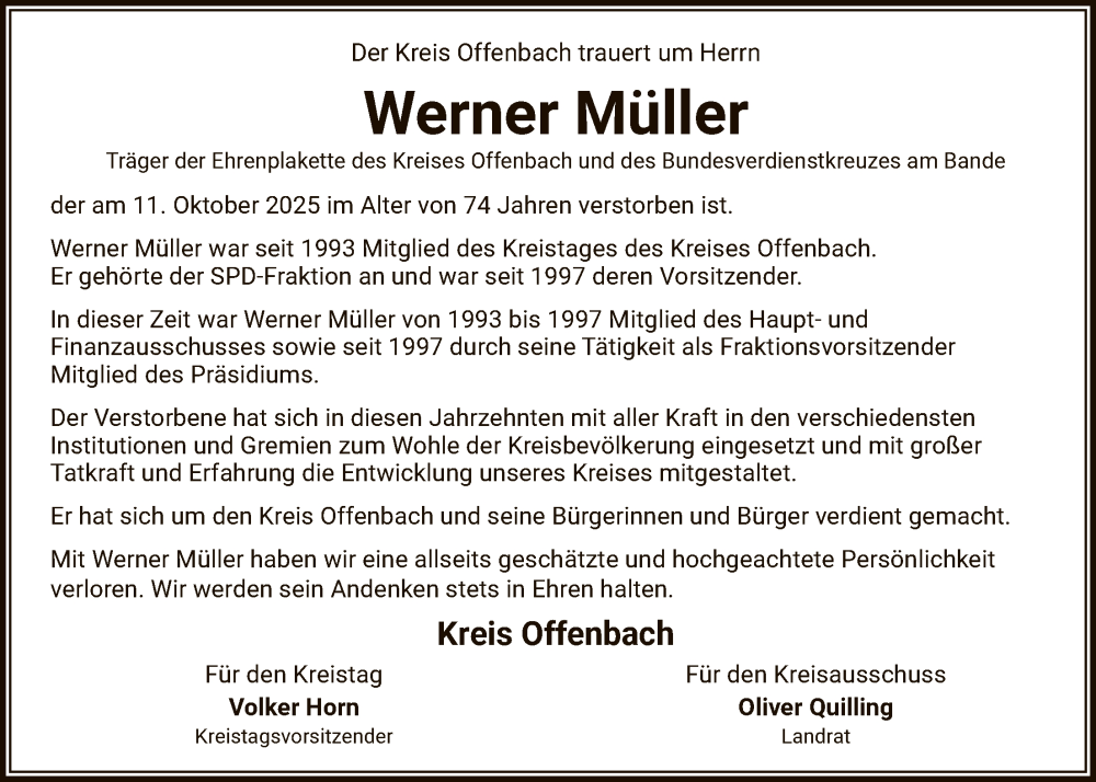  Traueranzeige für Werner Müller vom 01.11.2025 aus OFOP