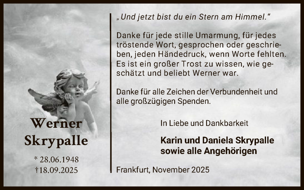  Traueranzeige für Werner Skrypalle vom 08.11.2025 aus FRAW