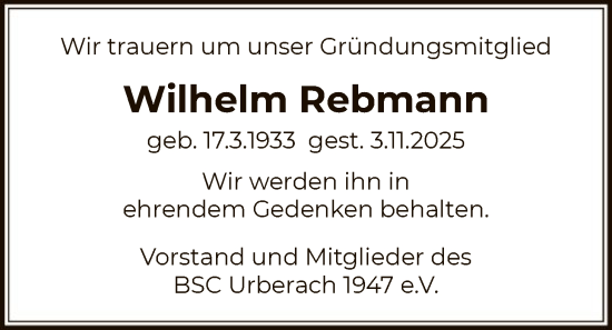 Traueranzeige von Wilhelm Rebmann von OF0L