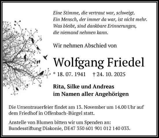 Traueranzeige von Wolfgang Friedel von OFOP