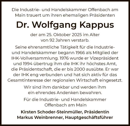 Traueranzeige von Wolfgang Kappus von OFOP