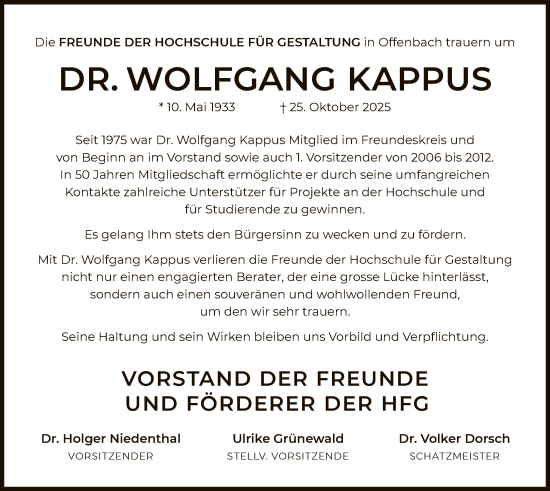 Traueranzeige von Wolfgang Kappus von OFOP