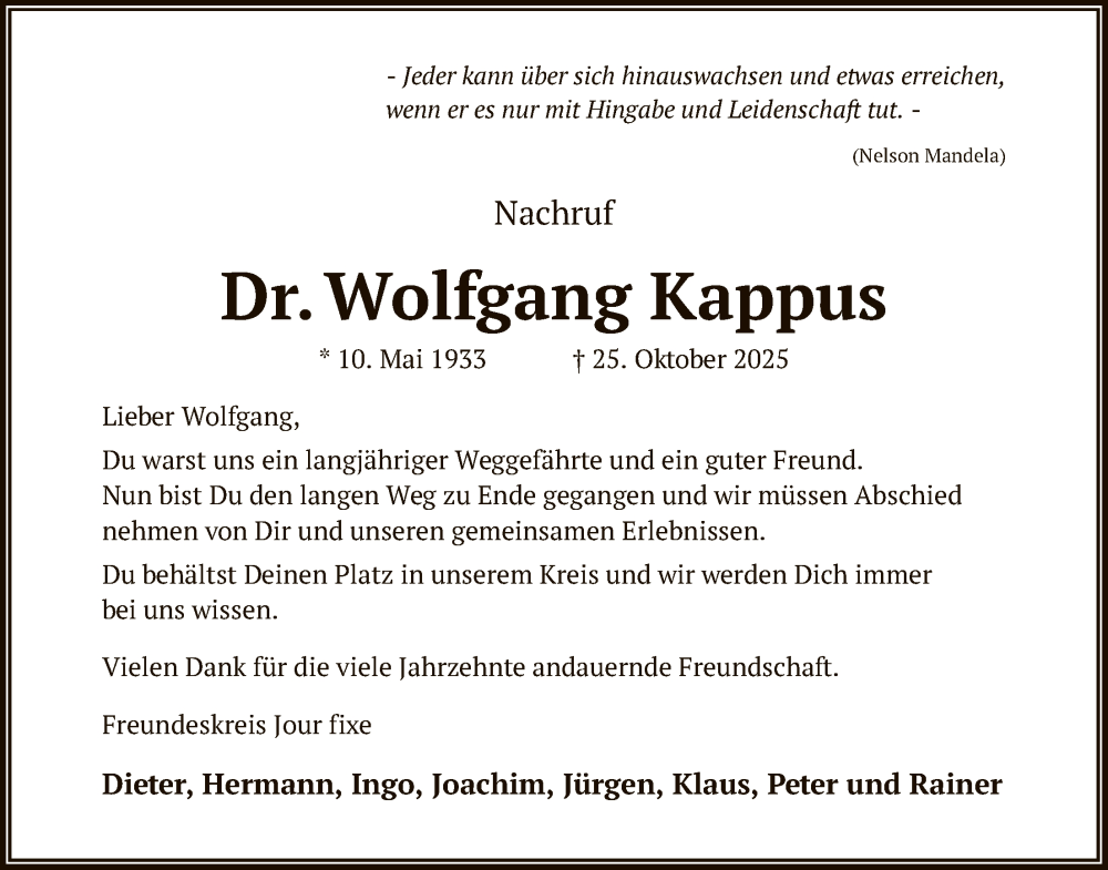  Traueranzeige für Wolfgang Kappus vom 19.11.2025 aus OFOP