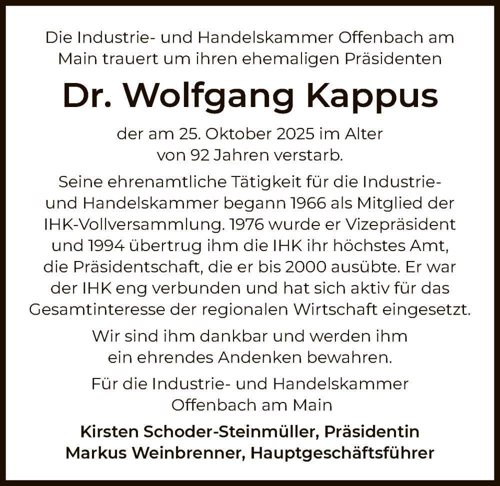  Traueranzeige für Wolfgang Kappus vom 08.11.2025 aus OFOP