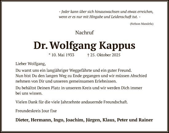 Traueranzeige von Wolfgang Kappus von OFOP