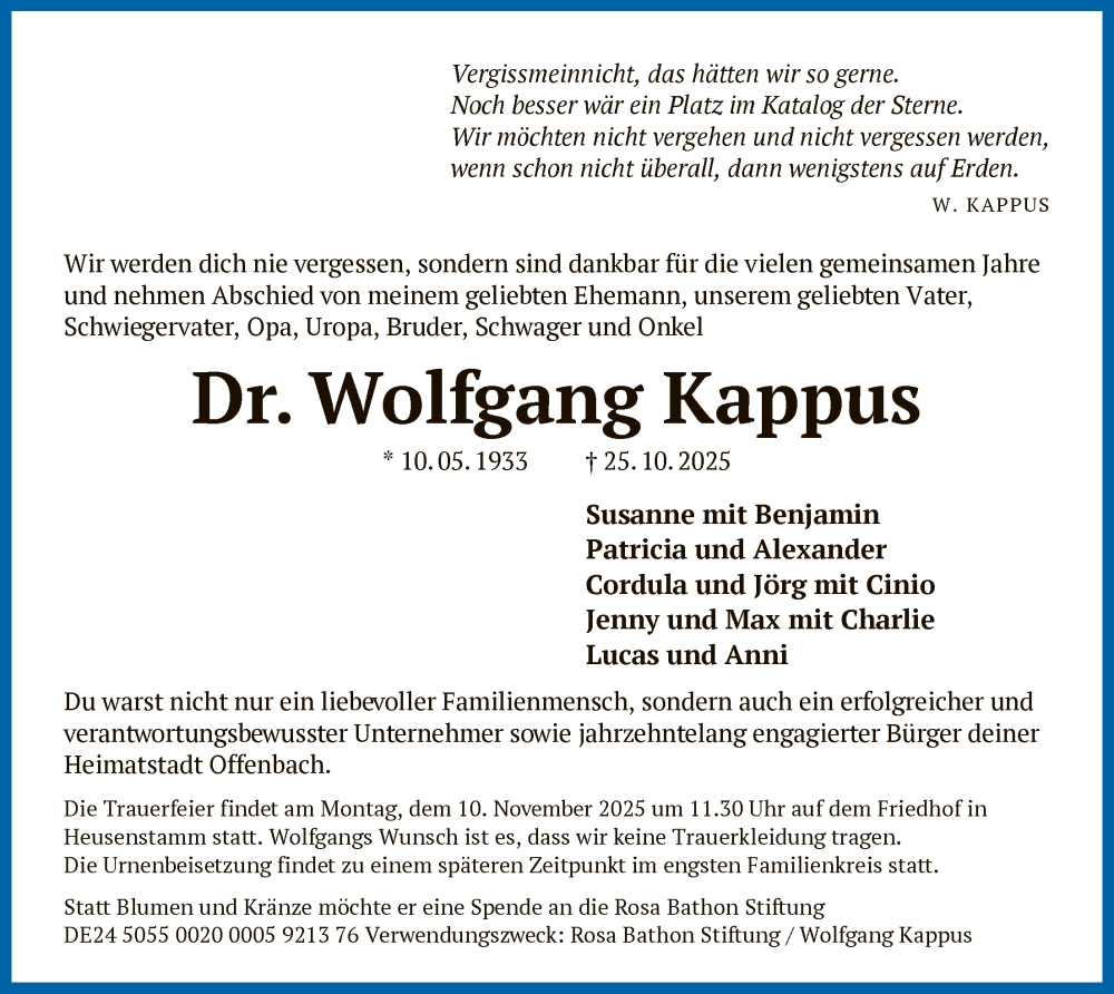  Traueranzeige für Wolfgang Kappus vom 05.11.2025 aus OFOP