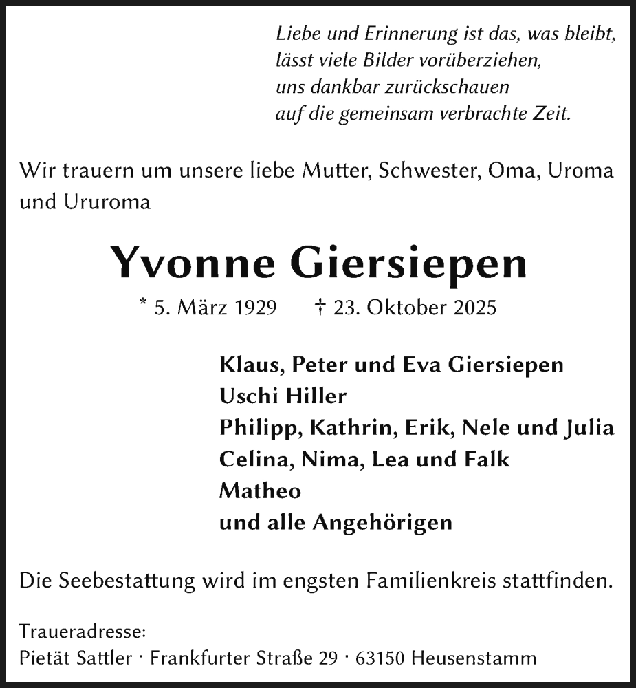  Traueranzeige für Yvonne Giersiepen vom 01.11.2025 aus OFOP