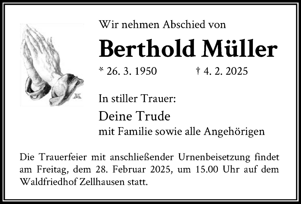  Traueranzeige für Berthold Müller vom 15.02.2025 aus OF