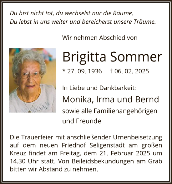 Traueranzeige von Brigitta Sommer von OF
