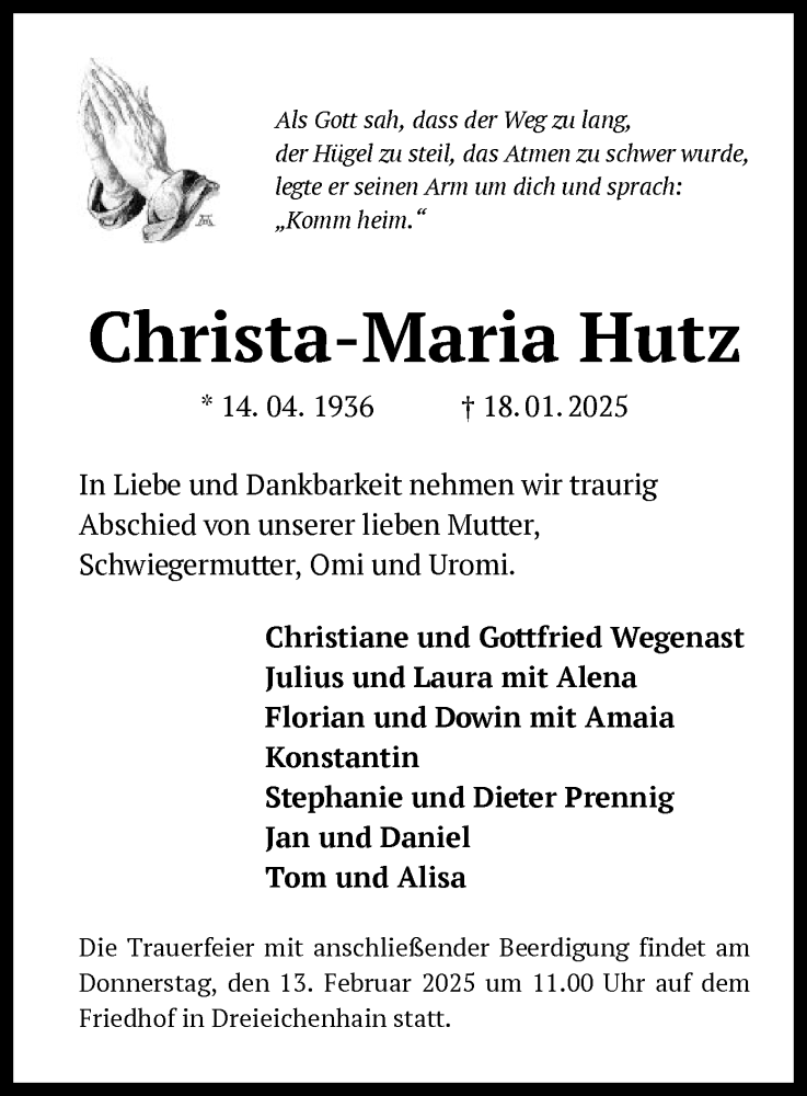  Traueranzeige für Christa-Maria Hutz vom 08.02.2025 aus OF