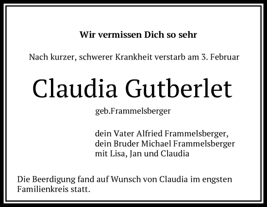 Traueranzeige von Claudia Gutberlet von OF