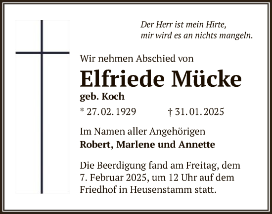 Traueranzeige von Elfriede Mücke von OF