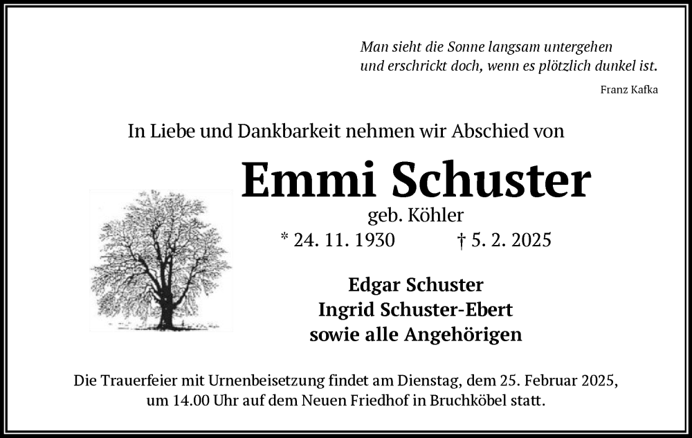  Traueranzeige für Emmi Schuster vom 15.02.2025 aus OF