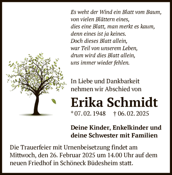 Traueranzeige von Erika Schmidt von OF