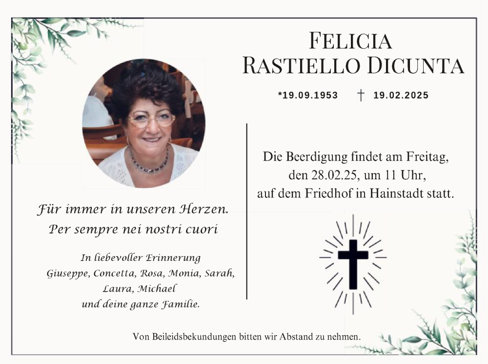  Traueranzeige für Felicia Rastiello Dicunta vom 22.02.2025 aus OF