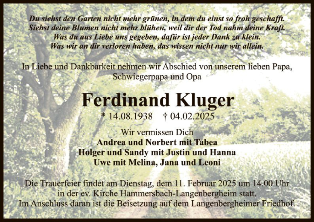  Traueranzeige für Ferdinand Kluger vom 08.02.2025 aus OF