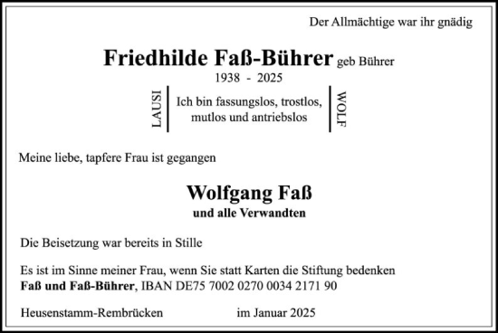 Traueranzeige von Friedhilde Faß-Bührer von OF