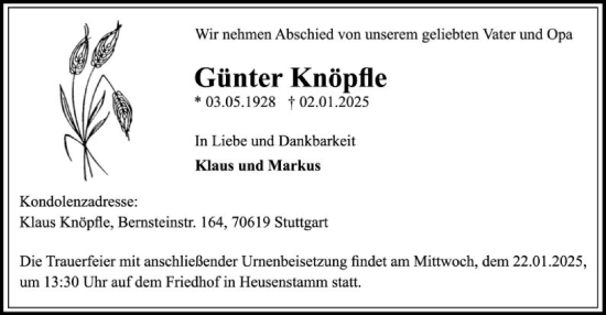 Traueranzeige von Günter Knüpfle von OF