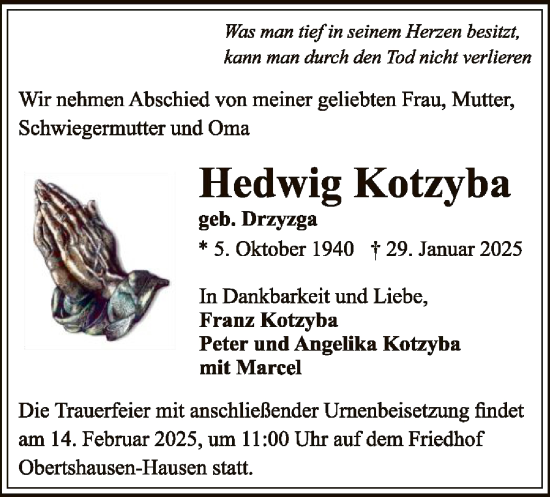 Traueranzeige von Hedwig Kotzyba von OF