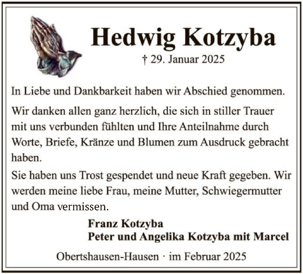  Traueranzeige für Hedwig Kotzyba vom 22.02.2025 aus OF