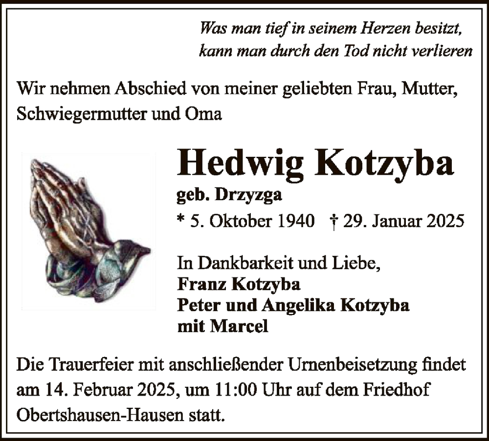  Traueranzeige für Hedwig Kotzyba vom 08.02.2025 aus OF