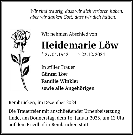 Traueranzeige von Heidemarie Löw von OF