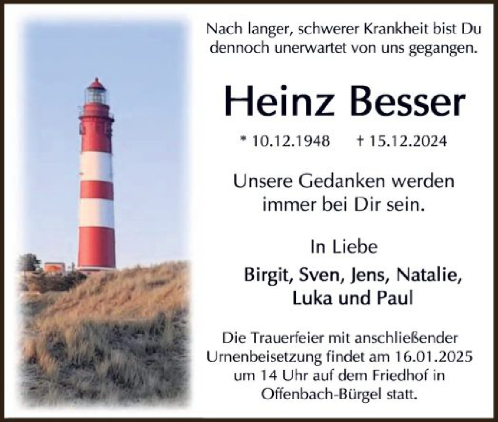 Traueranzeige für Heinz Besser vom 11.01.2025 aus OF
