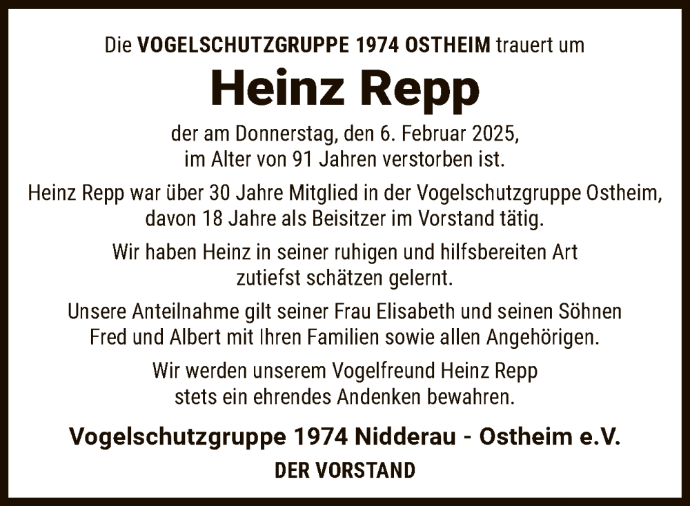  Traueranzeige für Heinz Repp vom 15.02.2025 aus OF