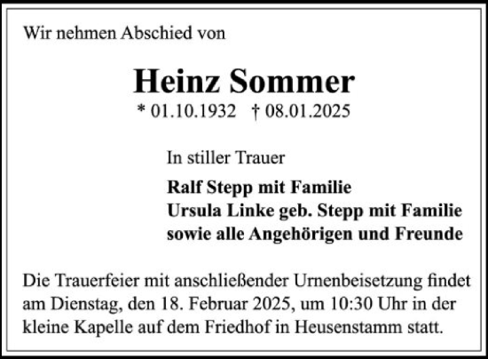 Traueranzeige von Heinz Sommer von OF