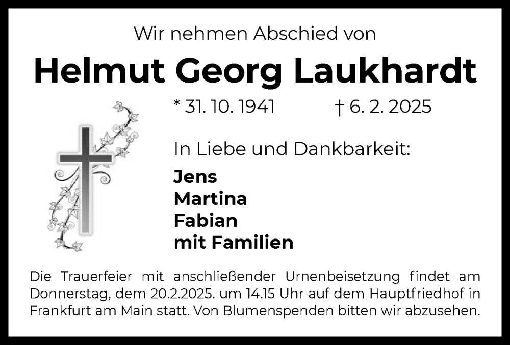  Traueranzeige für Helmut Georg Laukhardt vom 15.02.2025 aus OF