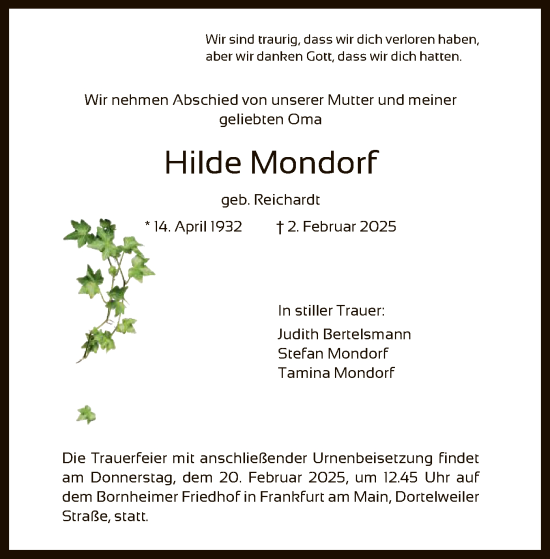 Traueranzeige von Hilde Mondorf von OF