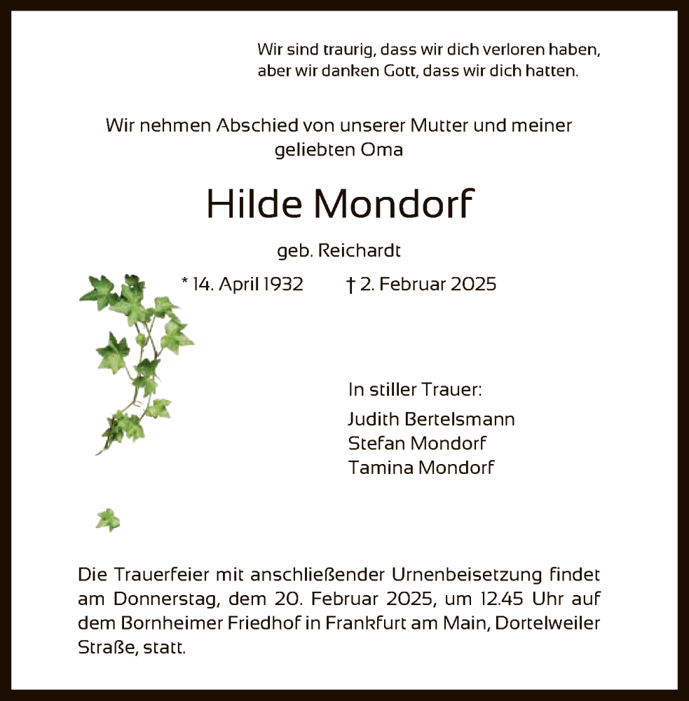  Traueranzeige für Hilde Mondorf vom 15.02.2025 aus OF