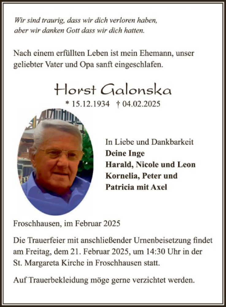  Traueranzeige für Horst Galonska vom 15.02.2025 aus OF