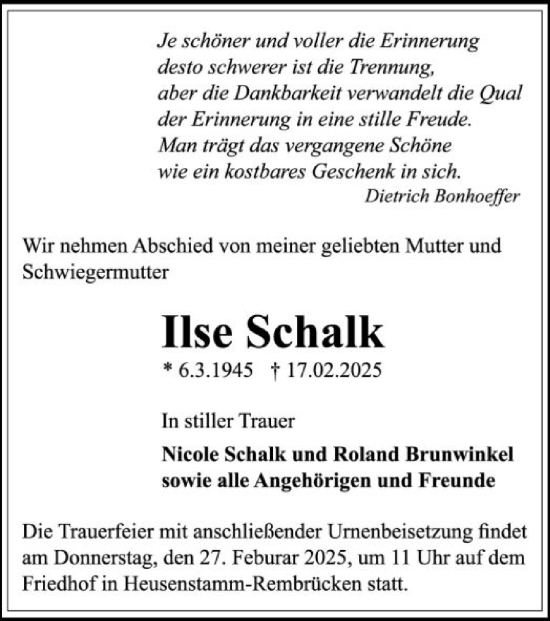Traueranzeige von Ilse Schalk von OF