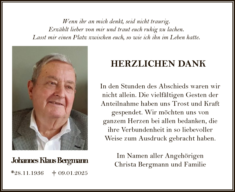  Traueranzeige für Johannes Klaus Bergmann vom 08.02.2025 aus OF