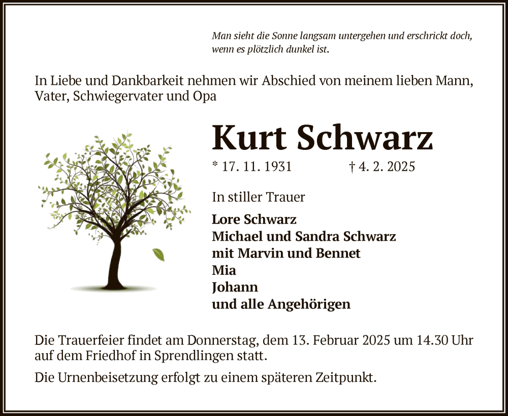  Traueranzeige für Kurt Schwarz vom 08.02.2025 aus OF