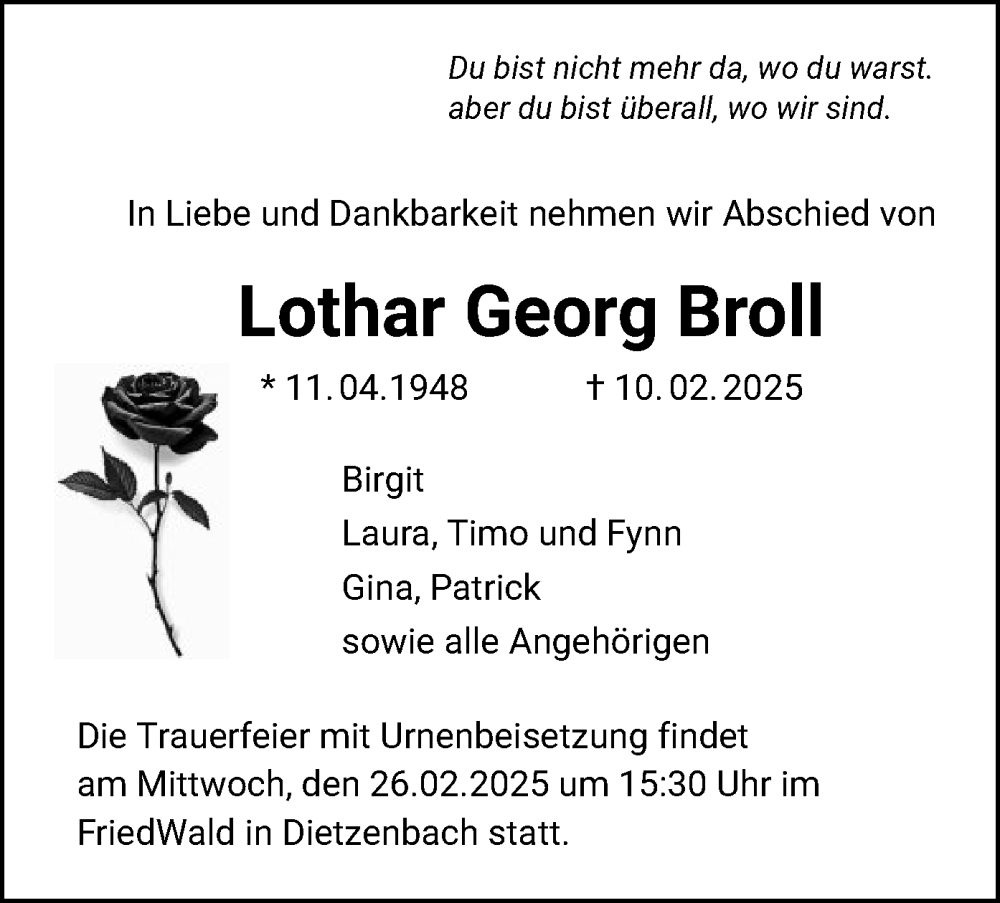  Traueranzeige für Lothar Georg Broll vom 22.02.2025 aus OF