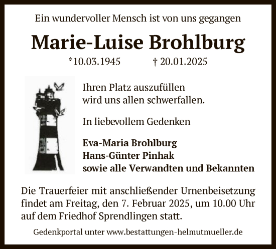 Traueranzeige von Marie-Luise Brohlburg von OF