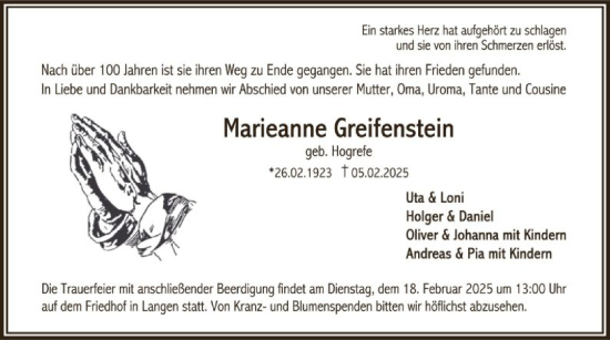 Traueranzeige von Marieanne Greifenstein von OF
