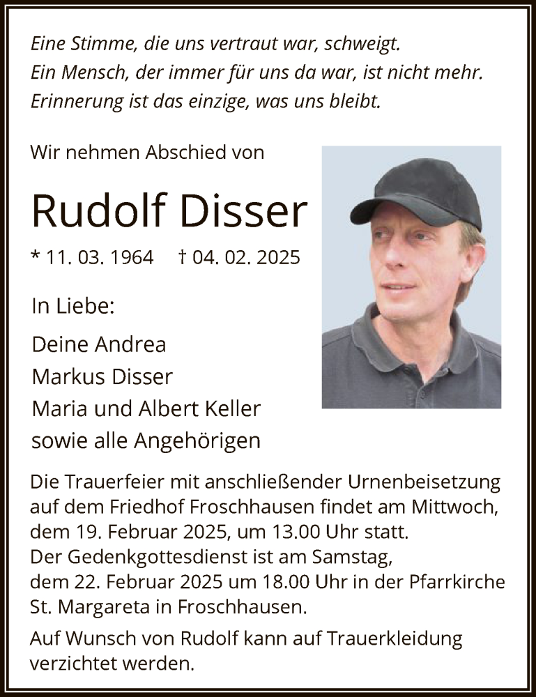  Traueranzeige für Rudolf Disser vom 15.02.2025 aus OF