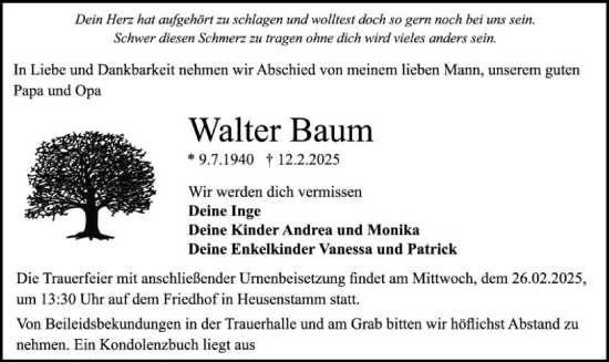 Traueranzeige von Walter Baum von OF