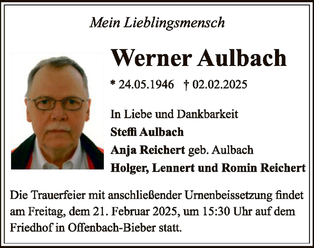  Traueranzeige für Werner Aulbach vom 08.02.2025 aus OF