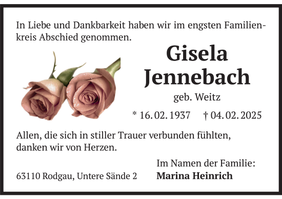 Traueranzeige von Gisela Jennebach 