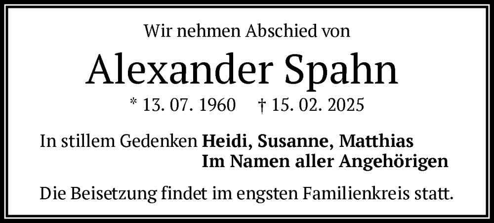  Traueranzeige für Alexander Spahn vom 15.03.2025 aus OF