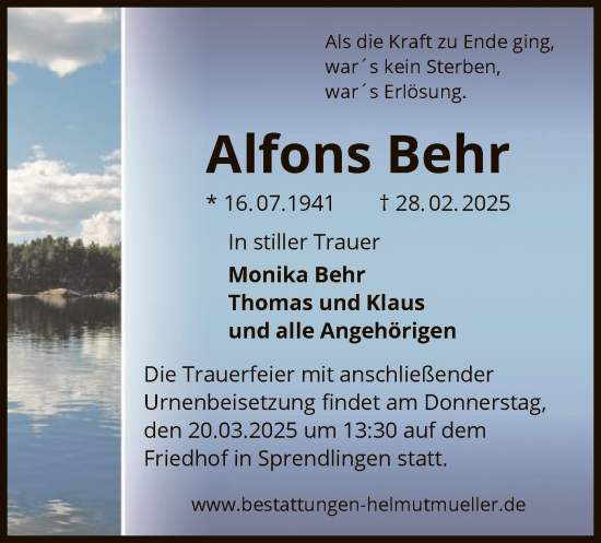 Traueranzeige von Alfons Behr von OF