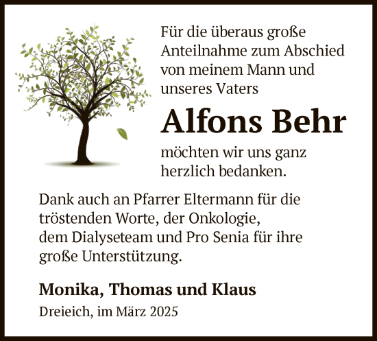 Traueranzeige von Alfons Behr von OF