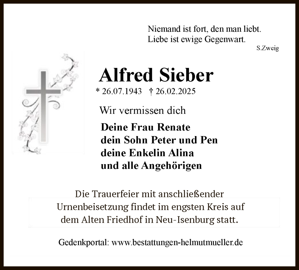  Traueranzeige für Alfred Sieber vom 15.03.2025 aus OF