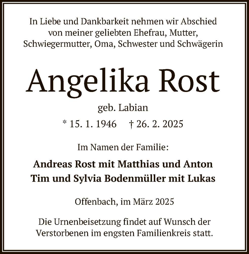  Traueranzeige für Angelika Rost vom 08.03.2025 aus OF