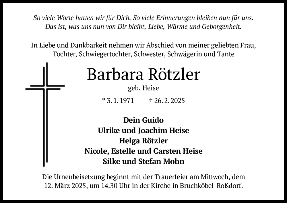  Traueranzeige für Barbara Rötzler vom 08.03.2025 aus OF