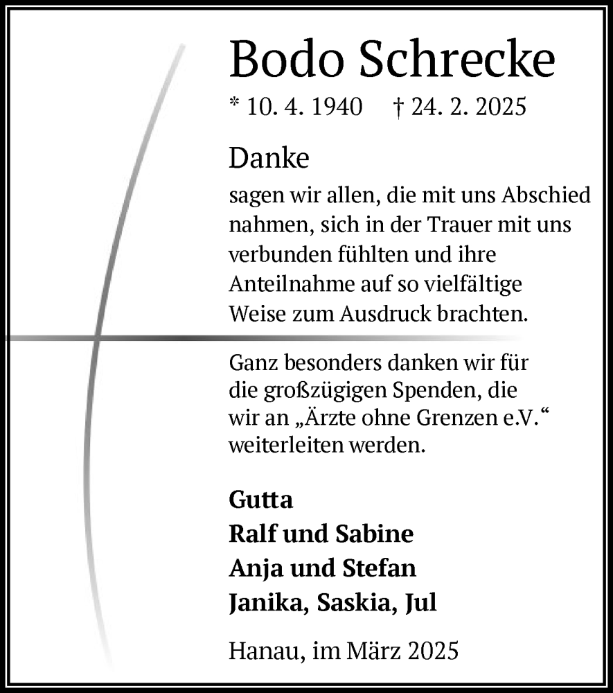  Traueranzeige für Bodo Schrecke vom 22.03.2025 aus OF
